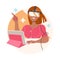 Happy Learning Woman Character in Augmented Reality Glasses Sitting at Desk with Tablet Studying Vector Illustration