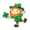 Happy Leprechaun with clover, St Patrick`s Day vector illustration on white background. Funny dwarf in green shamrock