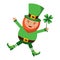 Happy leprechaun jumping holding clover in hand