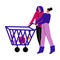 A happy lesbian couple of women in casual clothes with a cart of products in the store. Vector illustration in cartoon