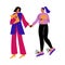 A happy lesbian couple of women in casual clothes with purchases holding hands while walking. Vector illustration in