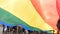 Happy LGBT Gay crowd Pride celebrating dancing under flag