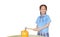 Happy little asian girl in school uniform preparing to break the piggy bank with a hammer on white background at table. Schoolgirl