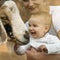 Happy little baby laughs happily while sitting on mom`s hands to