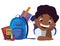 happy little black schoolboy with schoolbag and supplies