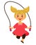 Happy little blonde girl jumps over skipping rope