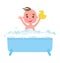Happy Little Boy in Blue Bath with Foam and Duck