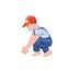 Happy little boy child clapping hands while squatting. Playing with something. Red cap and blue overall