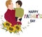 Happy little boy hug his father.  Flat vector illustration