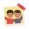 Happy Little Boy on Photo Card or Snapshot Sticking on the Wall Vector Illustration. Excited Kid with Raised Hands on