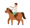 Happy little boy in protective helmet ride on horseback vector flat illustration. Smiling male child horseman practicing