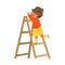 Happy Little Boy in Rubber Boots on Wooden Ladder Reaching Up Engaged in Harvesting Season Vector Illustration