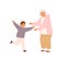 Happy little boy running to hug glad to visit smiling grandmother vector flat illustration. Joyful relatives enjoying