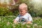 Happy little boy sits in a field of green grass and flowers