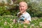 Happy little boy sits in a field of green grass and flowers