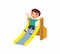 Happy little boy slides off a children`s slide. Joyful child, summer vacation. Ð¡oncept of vacation and entertainment on the