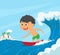 Happy Little boy surfer surfing by the beach