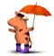 Happy little bull, symbol of 2021 Chinese calendar, stands with an umbrella in bright rubber boots with satisfied smile on face.