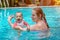 Happy little child with mother, Baby first time in a large pool and very impressed. Infant very happy and frolic