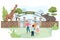 Happy Little children go to see at animals behind enclosure at Zoo. Zoo entrance gates. Cartoon vector illustration with
