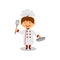 Happy little cook with pan and spatula in hands. Cheerful boy in chef uniform. Dream job. Flat vector design