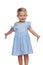 Happy little cute girl in blue dress welcomes