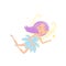 Happy little fairy with purple hair dressed in fancy blue dress. Girl with beautiful wings flying and spreading magic