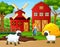 Happy little farmer and sheeps in the farm