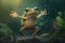 Happy little frog is dancing in the rain in the woods