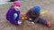 Happy little girl and boy play with plastic toys in sand outdoor