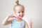 Happy Little Girl Brushing Her Teeth, Pink Toothbrush, Dental Hygiene Morning Night