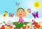Happy little girl cartoon running on flower field