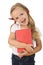 Happy little girl with colorful books and pencil