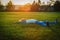 Happy little girl relax on grass at sunset