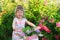 Happy little girl riding a bicycle, portrait photo.