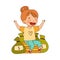 Happy Little Girl Sitting on Pile of Coins with Dollar Sack Nearby Vector Illustration