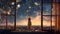 A happy little girl standing at a large window and looking at stars in the sky with dreamy and imaginative. Generative