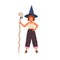 Happy little girl in witch hat holding magic cane vector flat illustration. Smiling cute female kid sorcerer standing