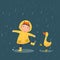 A happy little girl in yellow hooded duck raincoat and rubber boots playing rain with the duck on a rainy