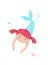 Happy little mermaid with red hair and smile swimming underwater with fishes and starfish