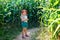 Happy little toddler girl playing on corn labyrinth field on organic farm, outdoors. Funny child hild having fun with