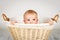 Happy little toddler sitting in the wicker basket