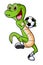 The happy lizard is holding the ball and playing the soccer