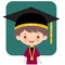 Happy Logo student wearing graduation hat and outfit