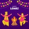 Happy Lohri Celebration Concept With Cartoon Punjabi Couple Performing Bhangra Dance, Bonfire Illustration And Bunting Flags