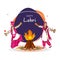 Happy Lohri Celebration Concept with Punjabi Couple Playing Sapp Instruments and Bonfire Over Rangoli Against Abstract