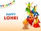 Happy Lohri Celebration Poster Design With Punjabi People Performing Bhangra Dance, Bonfire Illustration On White And Pastel