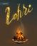 Happy Lohri Punjabi festival. Bonfire on dark background and lettering text