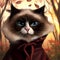 Happy looking Ragdoll cat with blue eyes wearing a dark red cape in an autumn forest