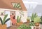 Happy love couple on romantic date on home balcony with plants. Enamored man and woman hugging, dancing, relaxing on